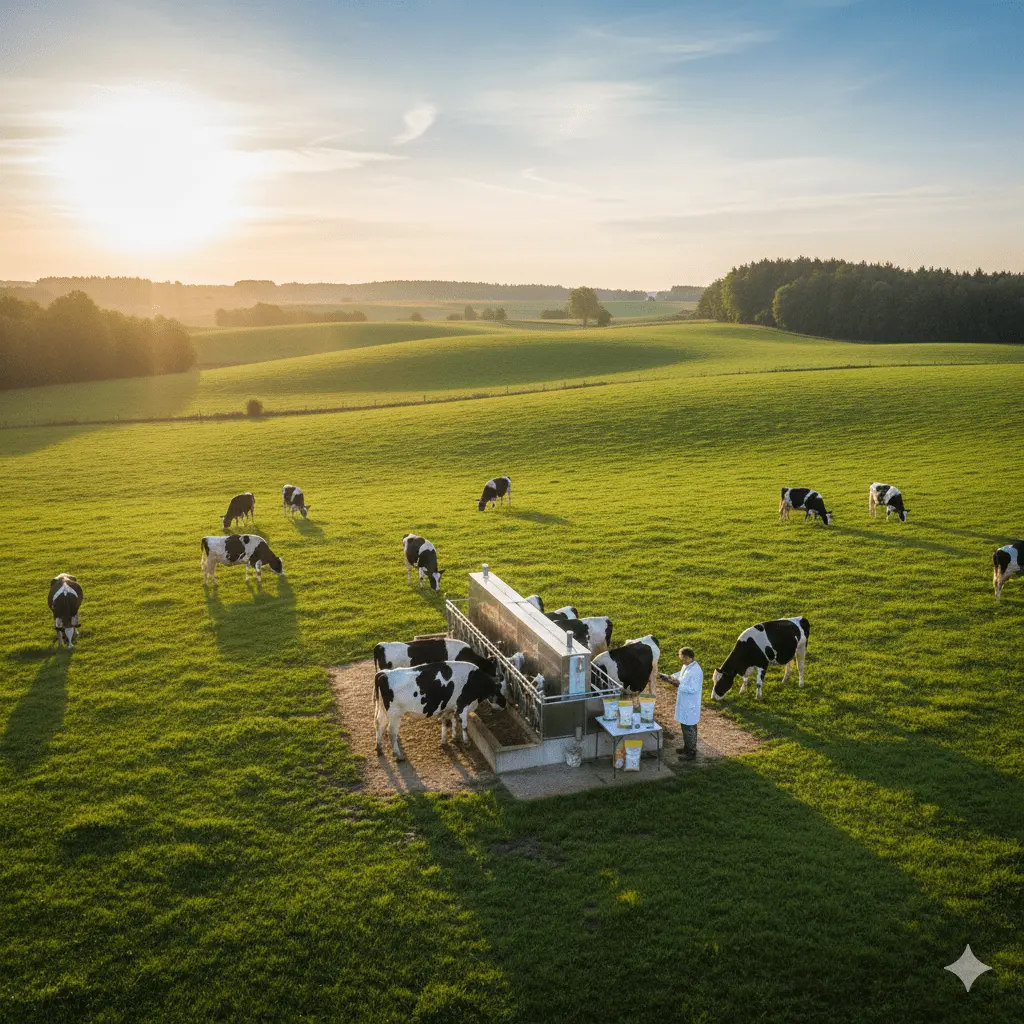 Sustainable livestock farm with healthy cattle grazing in green pastures, veterinarian consulting with farmer near modern feeding stations